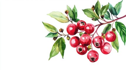 Obraz premium A vibrant branch of red berries with green leaves, beautifully illustrated against a white background, showcasing nature's bounty.