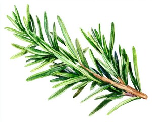 Fototapeta premium A vibrant green sprig of rosemary, showcasing its needle-like leaves and woody stem, perfect for culinary and aromatic uses.