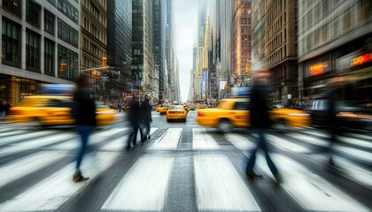 Dynamic urban scene of pedestrians navigating busy streets in new york city with skyscrapers