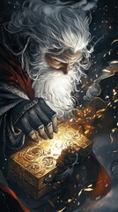 Obraz premium A mystical figure with a long beard opens a glowing, ornate box, surrounded by sparks.