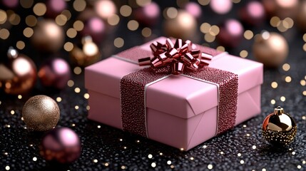 Festive Pink Christmas Present with Red and White Ribbon and Gold Ornaments for a Cheerful Holiday Atmosphere