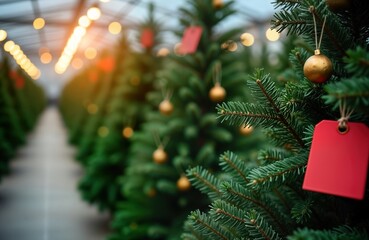 Christmas trees for sale in greenhouse. Many trees visible with warm lights. Price tags, golden ornaments decorate plants. Festive display suggests seasonal retail setting. Customers buy trees for