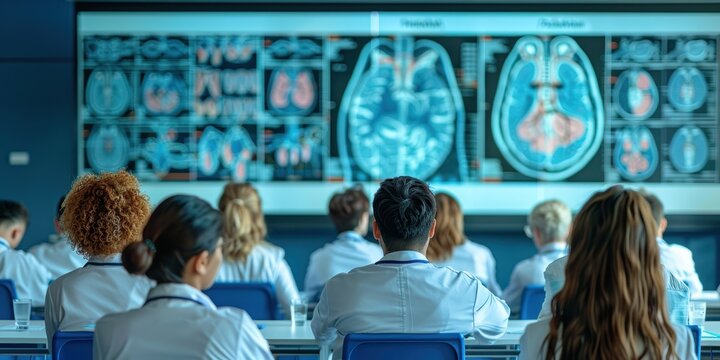 Medical students and professionals attending a radiology lecture focused on brain imaging techniques and neurological conditions in a modern educational setting