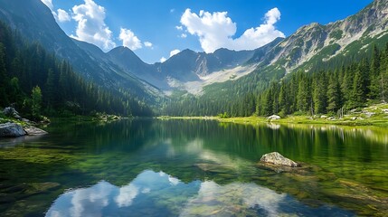 Fototapeta premium Serene Mountain Lake, Majestic Nature Scenery
