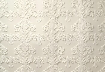 Elegant light beige damask pattern wallpaper. Ornate floral design creates embossed texture. Classic vintage style. Suitable for interior decor. Perfect for luxury, modern style. Seamless pattern