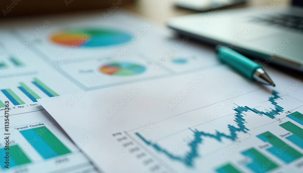Poster financial documents display various charts, graphs. stock market report analysis evident on paper. d