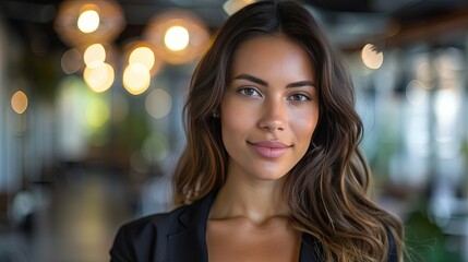 Confident young woman with long brown hair, smiling subtly in a dimly lit setting.