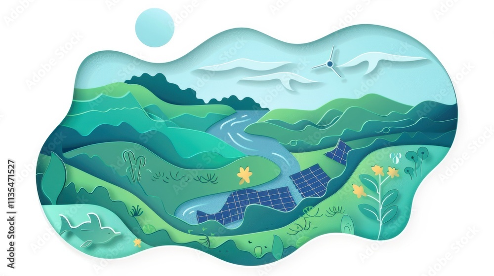 Wall mural A serene landscape featuring a river valley with floating solar arrays and aquatic biodiversity, symbolizing solar energy integration in natural ecosystems, minimalist style