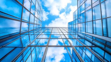 Modern Skyscraper Glass Facade with Blue Sky and Clouds. Concept of Architecture, Business, and Urban Development.
