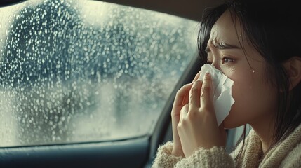 Emotional Moment in a Car During Rainy Weather