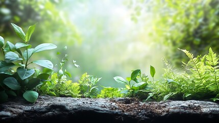 Nature's Growth, Lush Plants and Sunlight. Concept of Environmental Harmony, Sustainability, and Freshness.