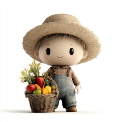 A cheerful child in a straw hat holds a basket filled with fresh fruits and vegetables, embodying a joyful farming spirit.