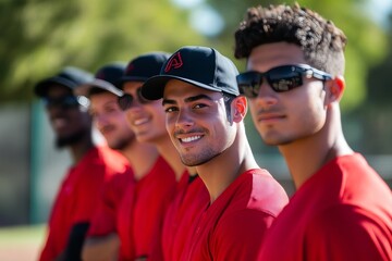 Outdoor portrait of a diverse baseball team showcasing unity and pride in sports competition