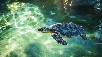 Sea Turtle Swimming in Clear Water.  Ocean Wildlife, Marine Life, Conservation.