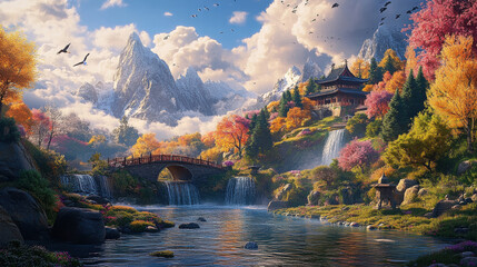 Fototapeta premium A beautiful fantasy landscape with an ancient village, surrounded by mountains and waterfalls, colorful trees in springtime