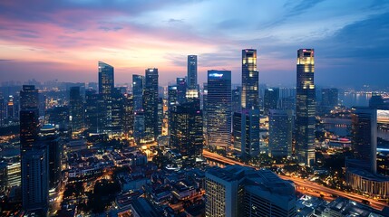 Obraz premium Singapore Skyline at Dusk. Concept of Modern City, Urban Landscape, and Global Business.