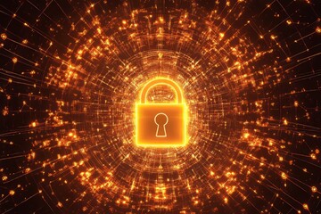 Glowing lock symbolizing a digital firewall amid interconnected nodes for cybersecurity protection
