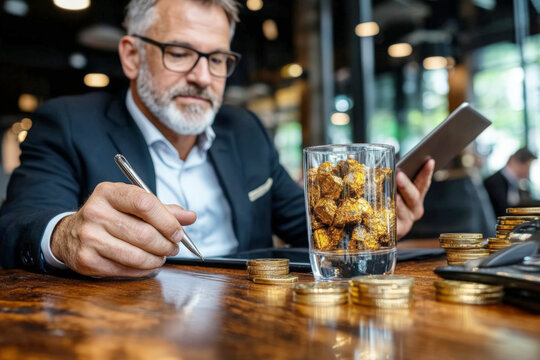 Businessman analyzing gold investment using tablet and taking notes in restaurant