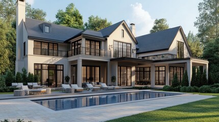 Fototapeta premium Luxury Dream Home Architectural Design: Modern Farmhouse Estate with Pool