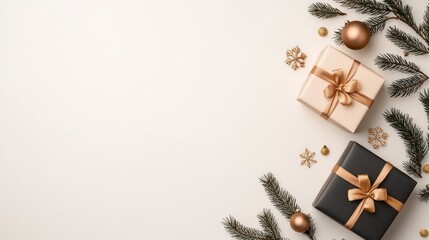 New Year Top View: Gift Boxes, Baubles, Skates, Ornaments, Pine Branches, and Confetti on Pastel Beige Background with Empty Space