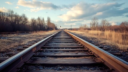 Obraz premium Empty Railroad Tracks Extending into the Horizon. Concept of Journey, Destination, and Freedom.