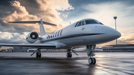 Naklejka premium Private Jet on Runway at Sunset. Luxury Travel and Aviation Concept.
