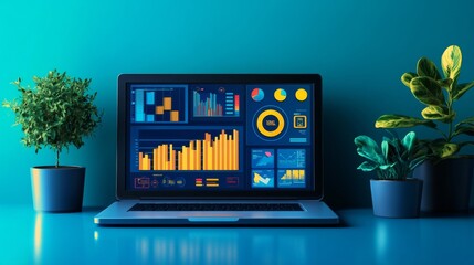 Colorful 3d illustration of data analytics with charts on a laptop and plants in a modern setting