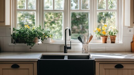 Sunlit kitchen sink with plants and utensils.