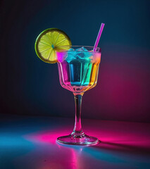 Neon-Infused Bright Colored Cocktail with Lime Slice and Ice Cubes - Stylish Party Bar Drink for Summer Vibes