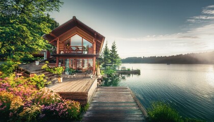 Obraz premium Cottages by the lake offer a peaceful sanctuary. 