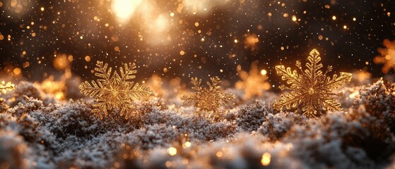 Naklejka premium A serene winter scene with golden snowflakes glistening on a snowy surface.