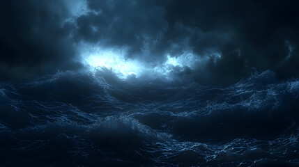 A stormy ocean scene with lightning and waves at night.