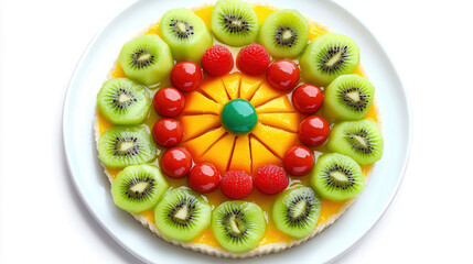 A vibrant, artistic shot of a deconstructed tropical fruit tart, featuring mango spheres