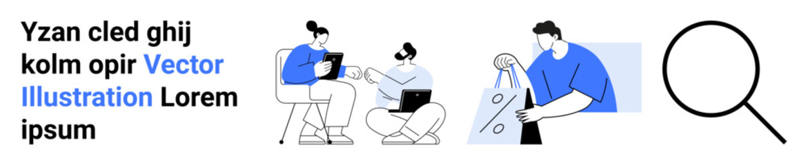 Team collaborating on a laptop, person holding a chart, large magnifying glass representing analysis. Ideal for teamwork, collaboration, business meetings, research, data analysis, technology