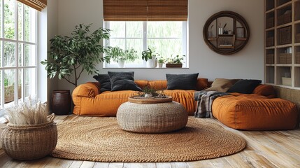 A beautifully designed cozy living room showcasing modern bohemian style with earthy tones and a variety of natural woven fiber accents.