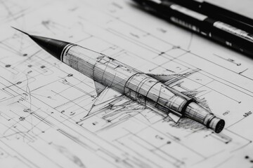 Detailed black and white architectural blueprint of a layered paper model missile on a table