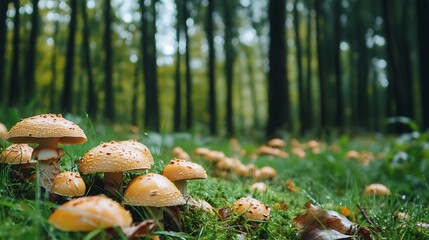 Forest floor mushrooms. Autumnal forest scene with wild mushrooms.