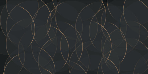 Luxurious circular abstract black metal background with golden light lines. Dark geometric texture illustration.