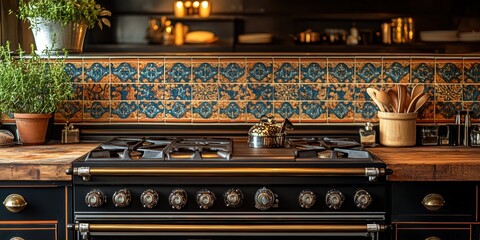 A beautifully arranged kitchen countertop showcasing vintage cookware and decorative tiles with a rustic ambiance ideal for culinary enthusiasts and home chefs.