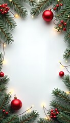 Festive Christmas decorations arranged on white background. Pine branches form frame with fairy lights, red ornaments. Simple elegant design. Natural, cosy feel suitable for Christmas greeting card