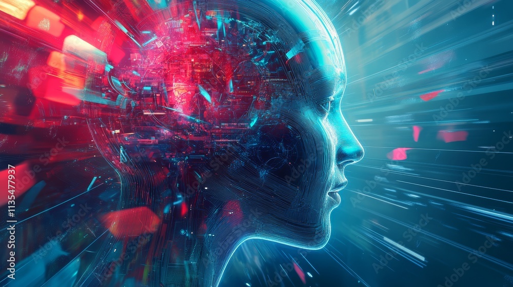 Poster artificial intelligence transforming chaos into control with abstract technical future aesthetics