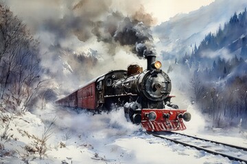 Vintage Steam Train in Winter Wonderland