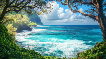 Fototapeta premium Dreamlike coastal scene highlighting stunning turquoise waves and verdant green view picture. Verdant. Illustration