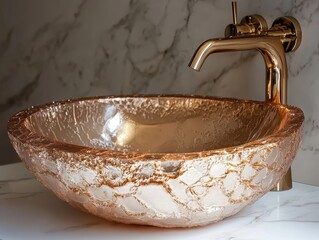 Fototapeta premium Elegant bathroom interior showcasing a luxurious gold-colored marble sink with intricate textures and a matching metallic faucet on a modern countertop.