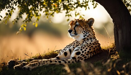 Cheetah relaxing under tree serengeti national park wildlife photography natural habitat close-up peaceful serenity