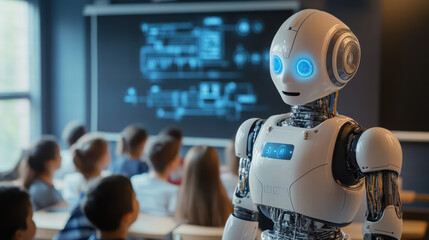 A photograph of an AI robot teacher standing in front of a university classroom
