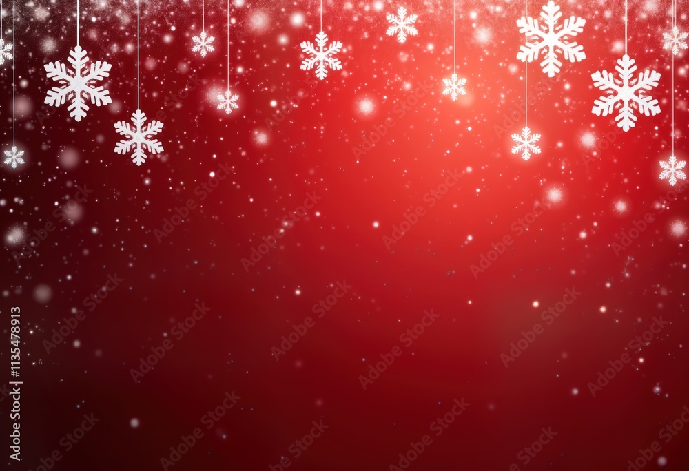 Poster Red background with snowflakes. White snowflakes hang from top of image. Christmas theme. Holiday backdrop. Many small snowflakes fall. Design with a festive look.