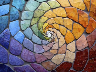 Vibrant mosaic tiles swirling in a spiral on a bright white backdrop, symbolizing harmony amidst differences.