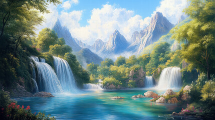 Fototapeta premium A breathtaking landscape painting of waterfalls cascading into crystal-clear blue waters, surrounded by lush greenery and towering mountains in the background
