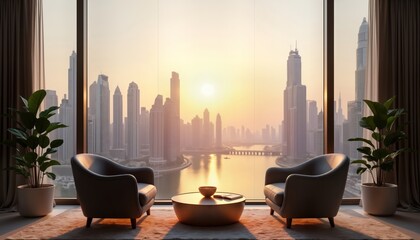 Luxury apartment in Dubai with stunning city skyline view. Modern furniture, plants visible inside. Sunrise view over canal, skyscrapers. Comfortable living area. Modern architecture, interior